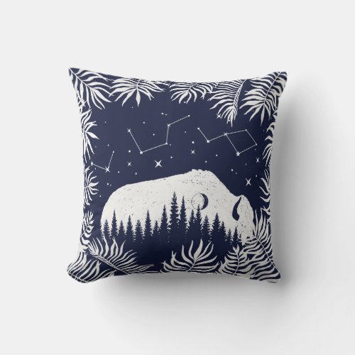 American Bison White Navy Star Galaxy Fern Hunting Throw Pillow