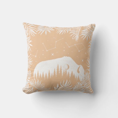 American Bison White Peach Star Galaxy Fern Hunt Throw Pillow