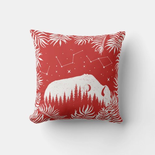 American Bison White red Stars Galaxy Fern Hunting Throw Pillow