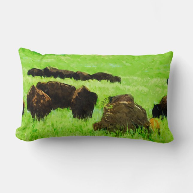 American Bison With Young Abstract Impressionism Lumbar Pillow (Front)