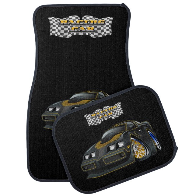 American Black Muscle Car Cartoon Illustration Floor Mat (Set)
