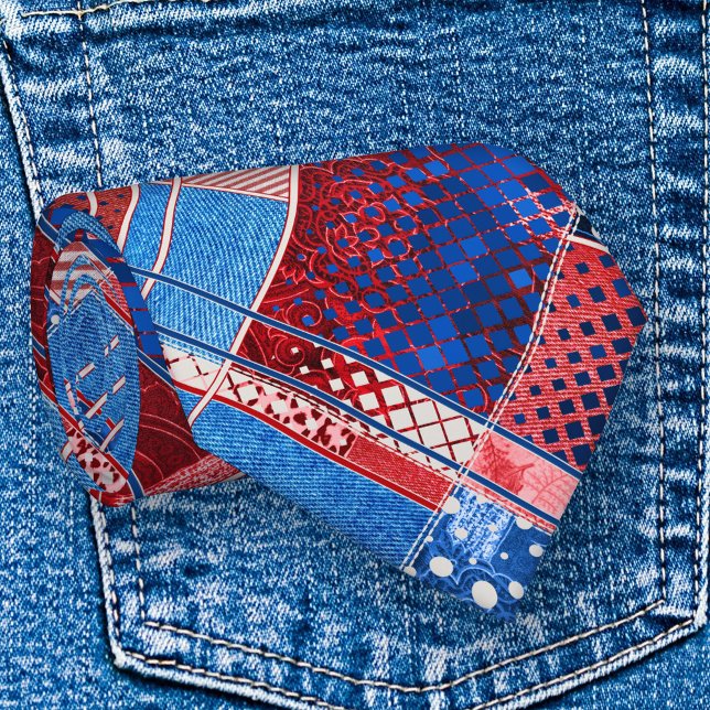 American Blue Jeans Abstract Pattern Patriot Tie (Modern design tie featuring an abstract pattern with jeans in red white and blue patriot colors)