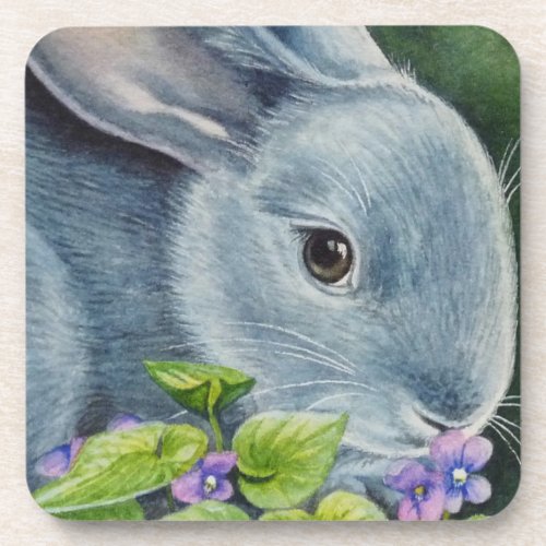 American Blue Rabbit in Violets Watercolor Art Beverage Coaster