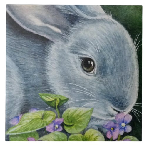 American Blue Rabbit in Violets Watercolor Art Ceramic Tile