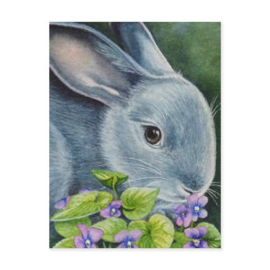 American Blue Rabbit in Violets Watercolor Art Postcard