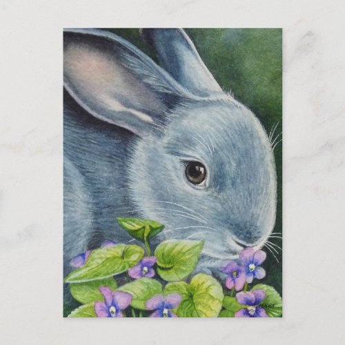 American Blue Rabbit in Violets Watercolor Art Postcard