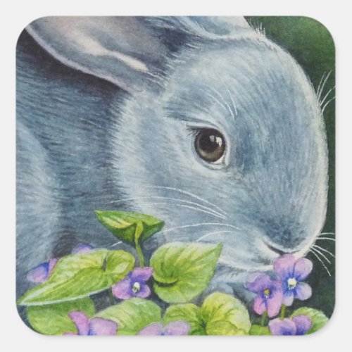 American Blue Rabbit in Violets Watercolor Art Square Sticker
