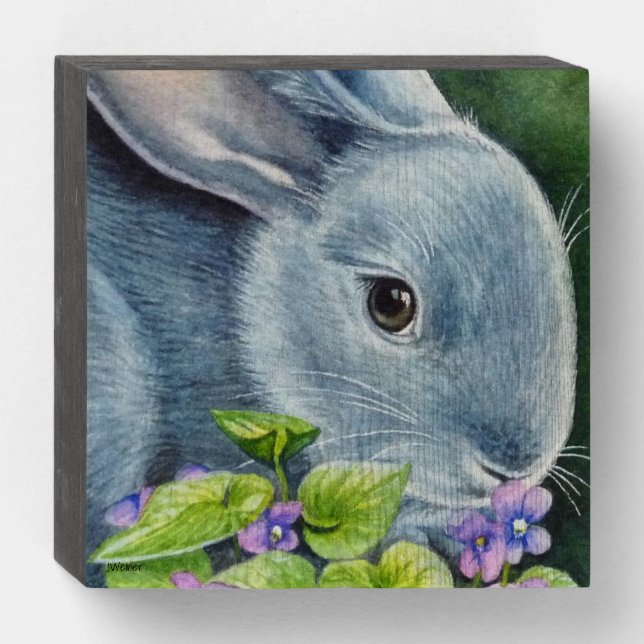 American Blue Rabbit in Violets Watercolor Art Wooden Box Sign (Front Horizontal)