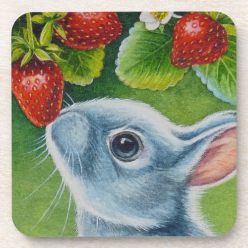 American Blue Rabbit  Strawberries Watercolor Art Beverage Coaster