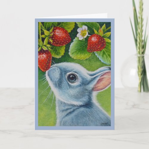 American Blue Rabbit  Strawberries Watercolor Art Card