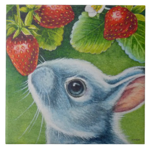 American Blue Rabbit & Strawberries Watercolor Art Ceramic Tile