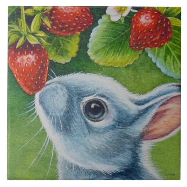 American Blue Rabbit & Strawberries Watercolor Art Ceramic Tile (Front)