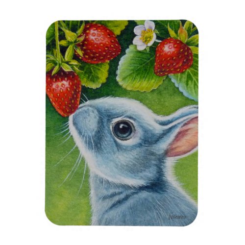 American Blue Rabbit  Strawberries Watercolor Art Magnet