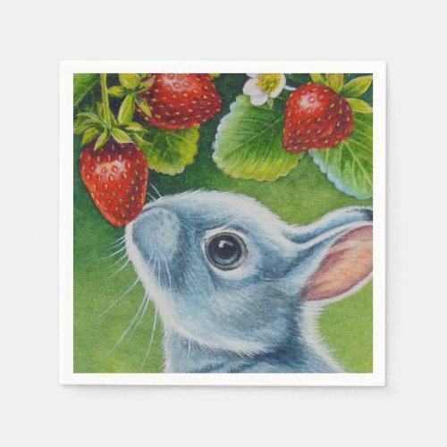 American Blue Rabbit  Strawberries Watercolor Art Napkins