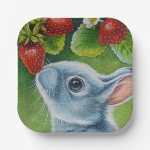 American Blue Rabbit  Strawberries Watercolor Art Paper Plates