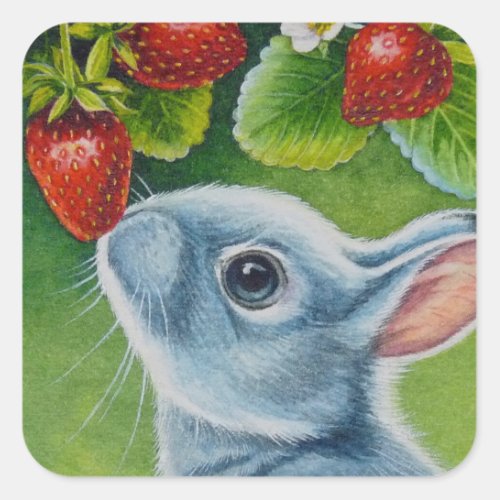 American Blue Rabbit  Strawberries Watercolor Art Square Sticker
