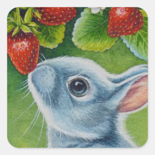 American Blue Rabbit & Strawberries Watercolor Art Square Sticker