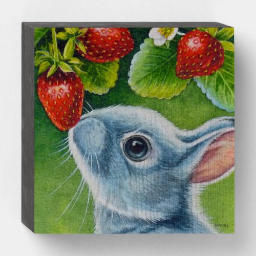 American Blue Rabbit  Strawberries Watercolor Art Wooden Box Sign