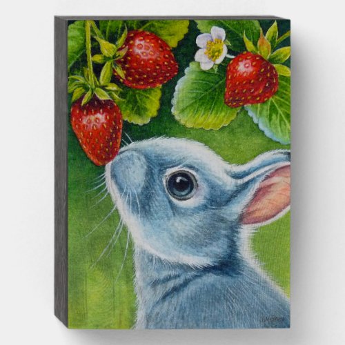 American Blue Rabbit  Strawberries Watercolor Art Wooden Box Sign