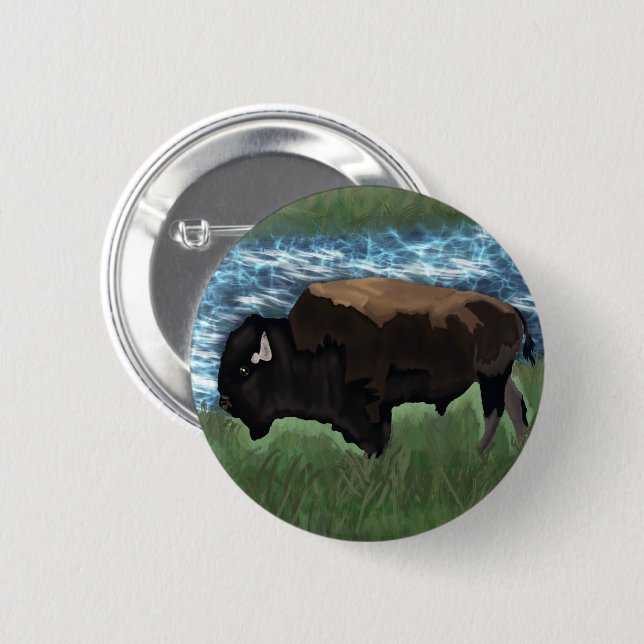 American Buffalo or Bison Illustration Button (Front & Back)