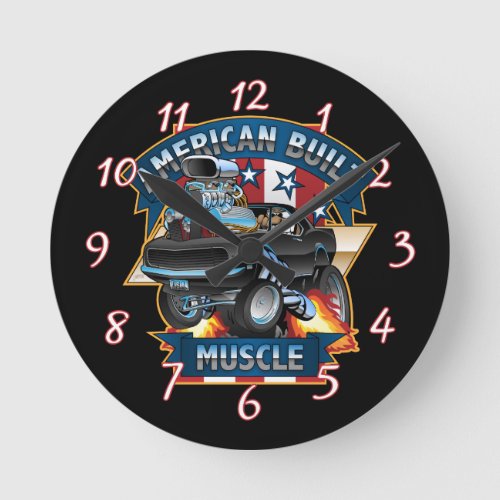 American Built Muscle _ Classic Muscle Car Cartoon Round Clock