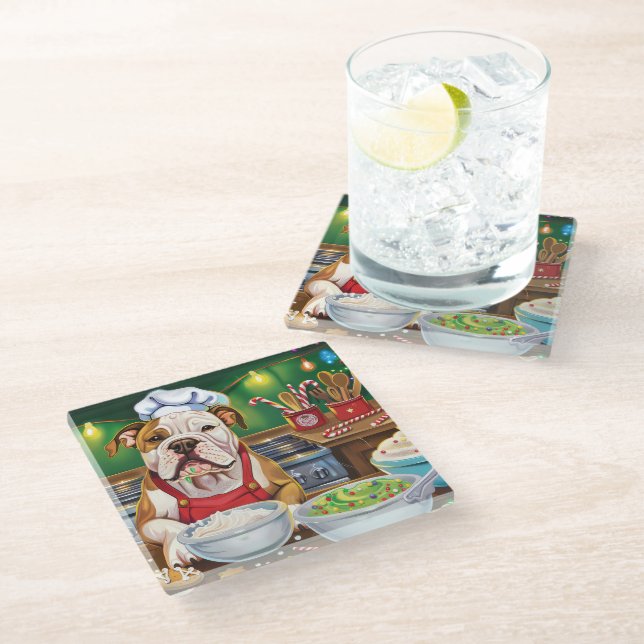 American Bulldog Holiday Baking: Festive Christmas Glass Coaster (Angled)