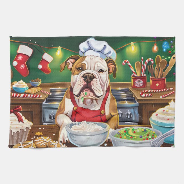 American Bulldog Holiday Baking: Festive Christmas Kitchen Towel (Horizontal)