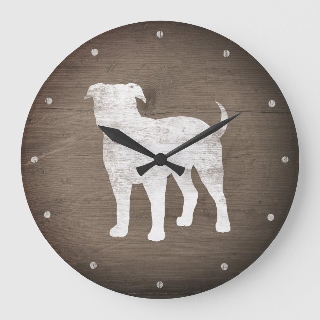 American Bulldog Silhouette Faux Rustic Wood Large Clock (Front)