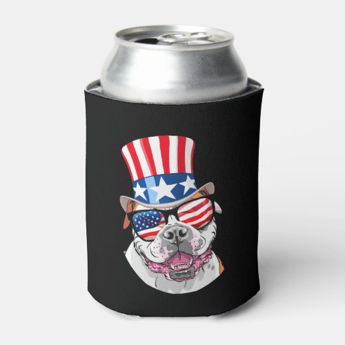 American Bulldog USA Flag Hat Glasses 4th of July Can Cooler