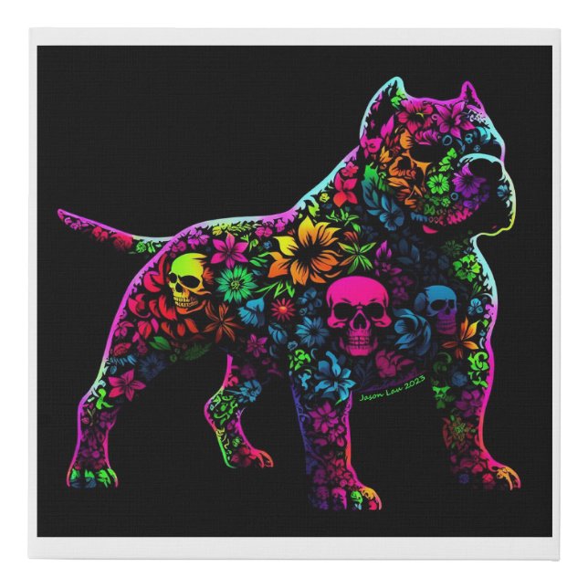 American Bully With Skulls And Flowers Blacklight  Faux Canvas Print (Front)