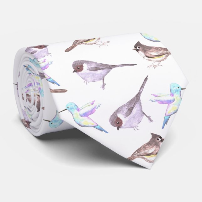 American bushtits, hummingbirds and tufted titmous neck tie (Rolled)