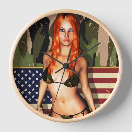 American Camo Bikini Babe Wall Clock