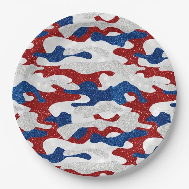 American Camo July 4th Glitter Paper Plates (Front)