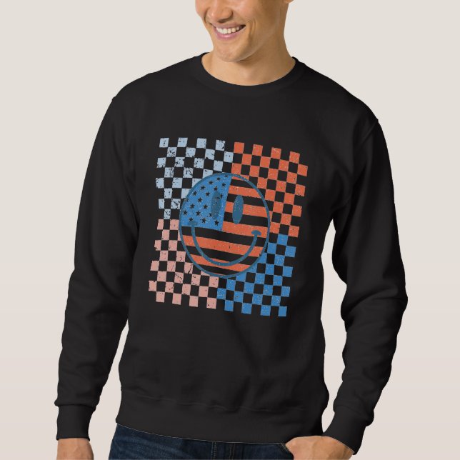 American Checkered Flag Smile Face Retro 4th Of Ju Sweatshirt (Front)