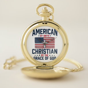 American Christian Flag Cross Vintage Shirt Pocket Watch