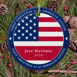 American Citizen Custom Patriotic First Christmas Ceramic Ornament<br><div class="desc">Introducing our American Flag ornament, a perfect way to celebrate your first Christmas as an American citizen! This ornament features the iconic red, white, and blue colors of the Stars and Stripes, making it a great way to show off your patriotic pride. The ornament also includes space for you to...</div>