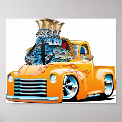 American Classic Hot Rod Pickup Truck Cartoon Poster