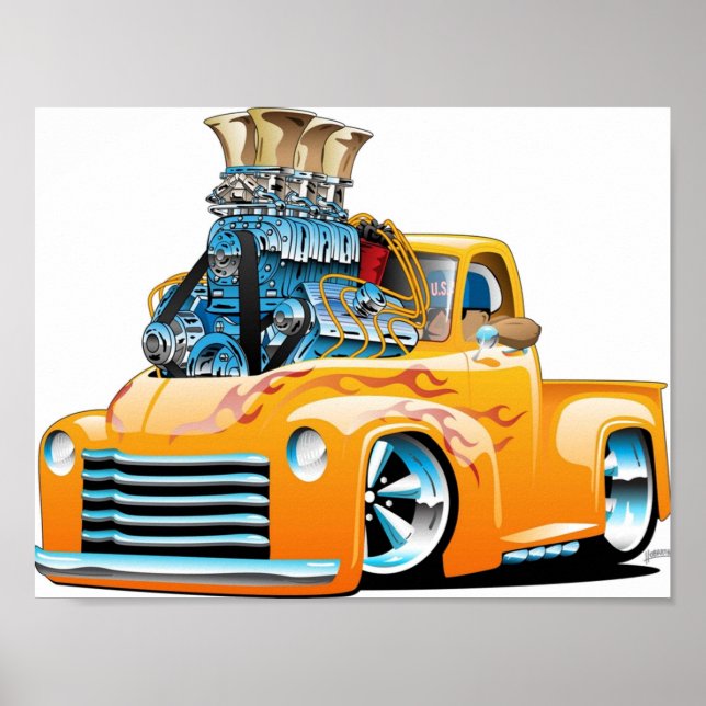 American Classic Hot Rod Pickup Truck Cartoon Poster (Front)