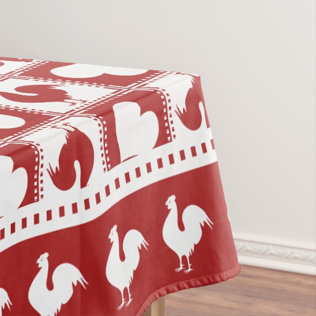 American Classic Red and White Roosters and Hearts Tablecloth (In Situ)