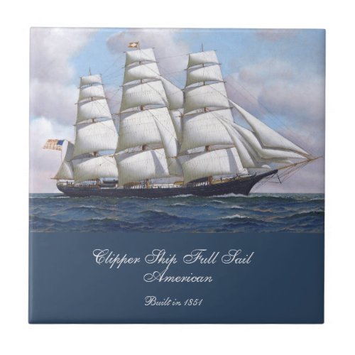 American Clipper Ship Full Sail Under Clouds Ceramic Tile