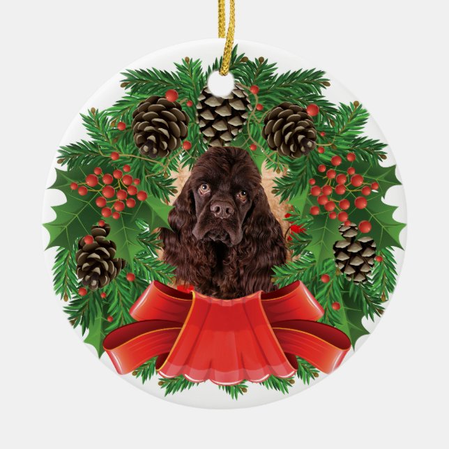 American Cocker Spaniel Christmas Holiday Wreath Ceramic Ornament (Front)