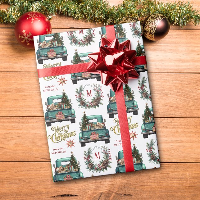 American Cocker Spaniel Dog Retro Truck Monogram Wrapping Paper (Creator Uploaded)