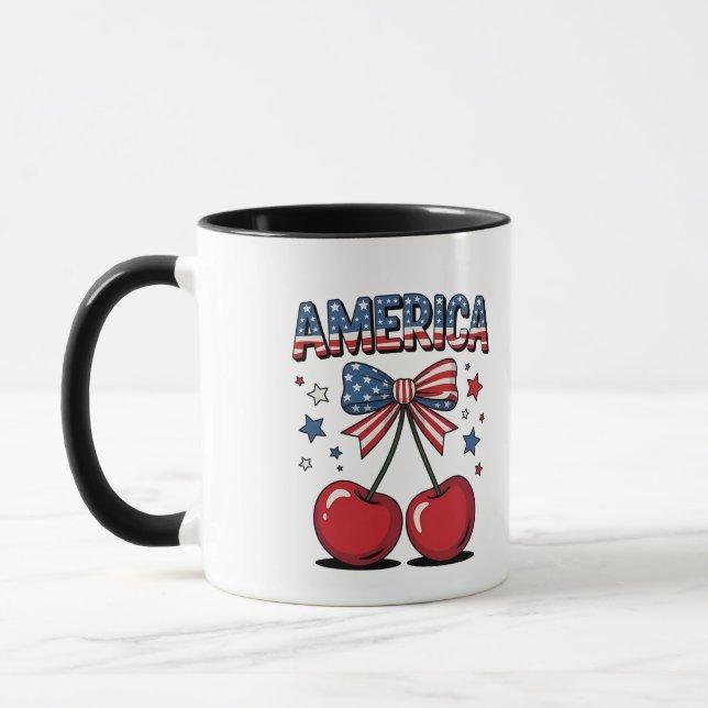 American Coquette Bow Cherry Aesthetic USA Flag  Mug (Left)