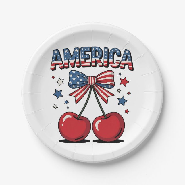 American Coquette Bow Cherry Aesthetic USA Flag  Paper Plates (Front)