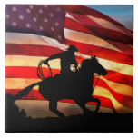 American Cowboy Art Tile<br><div class="desc">A beautiful and colorful way to display your American colors! This art tile features an cowboy riding his horse with an American Flag in the background.</div>