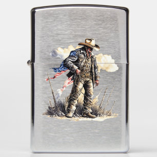 American Cowboy in Grass With Brushed Chrome Zippo Lighter