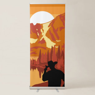 American cowboy touching his hat in the mountains retractable banner
