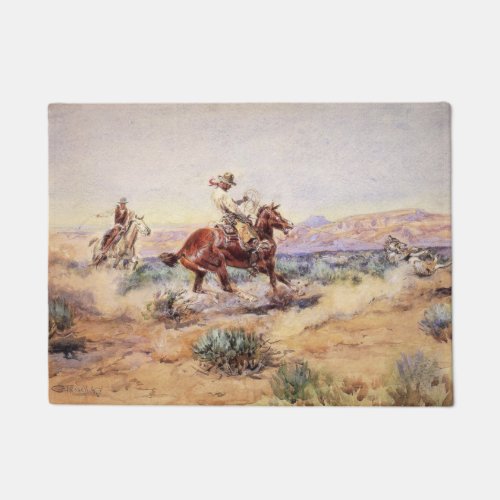 American Cowboys on Horses Lassoing a Wolf Doormat