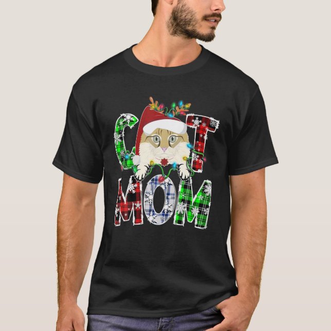 American Curl Cat Mom Lights Plaid Xmas Reindeer A T-Shirt (Front)