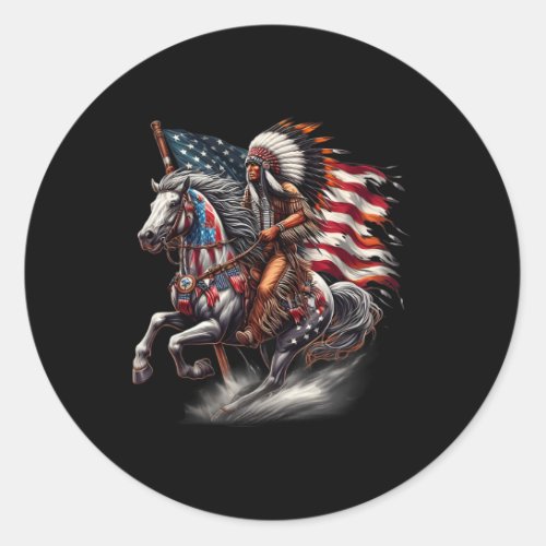 American Day Flag Indian Riding Horse 4th Of July  Classic Round Sticker